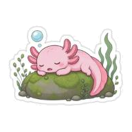 Pink axolotl napping on a mossy rock