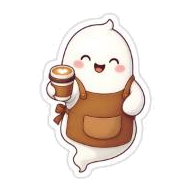 Smiling ghost barista in an apron holding a latte